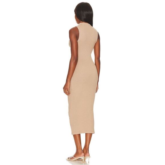 Enza Costa Silk Knit Sleeveless Twist Ribbed Midi Dress Mock Neck Tan Size Large - Picture 3 of 3